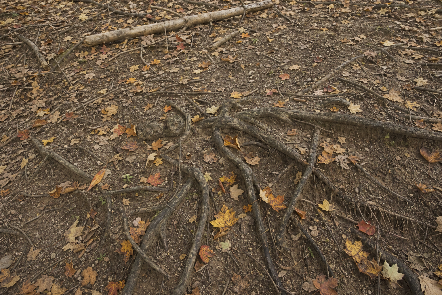 Root-exposed woodland floor covered with maple leaves and fallen sticks