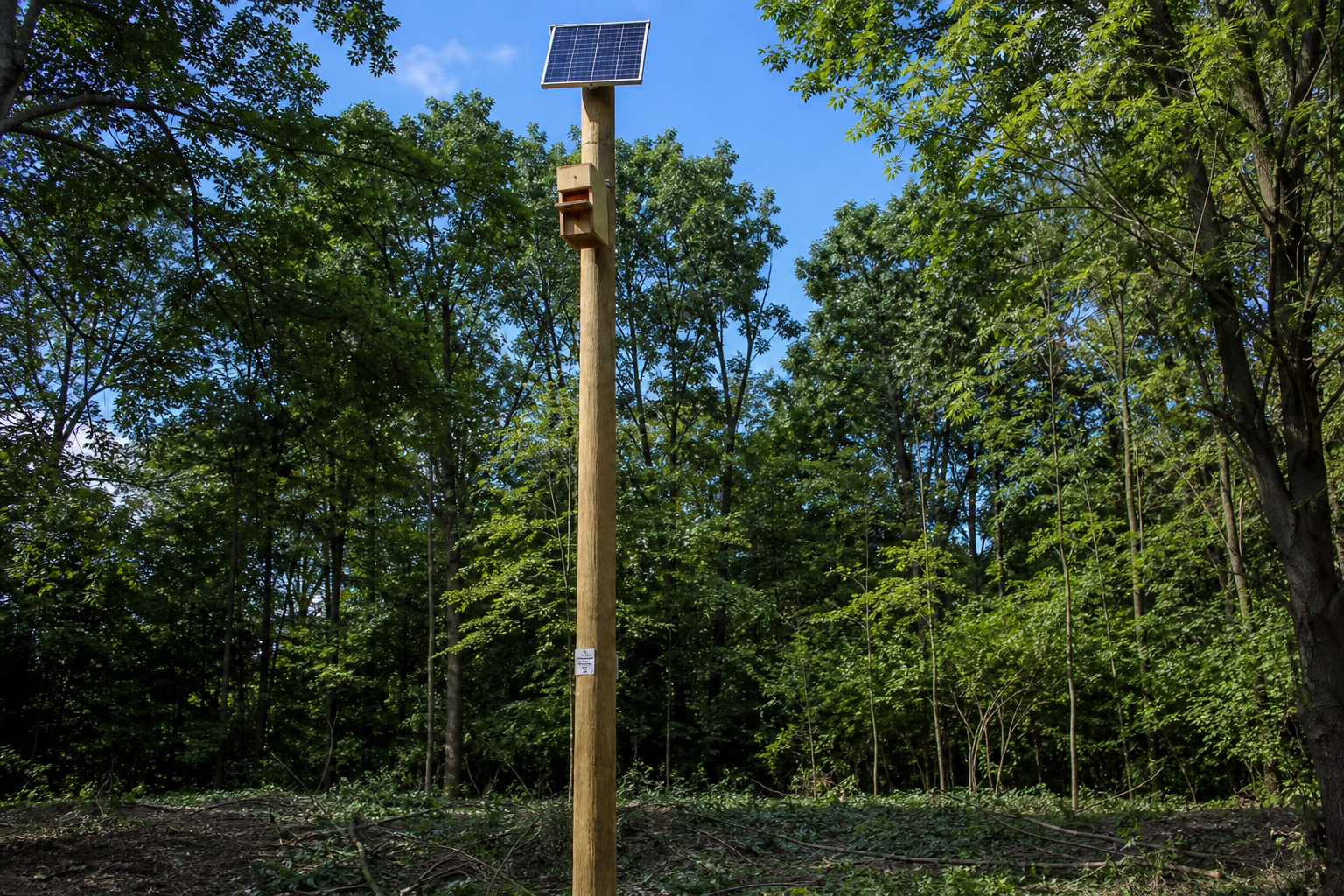 Solar panel on tall post at woodland clearing with maple canopy pruned at height for minimal sky opening Ohio