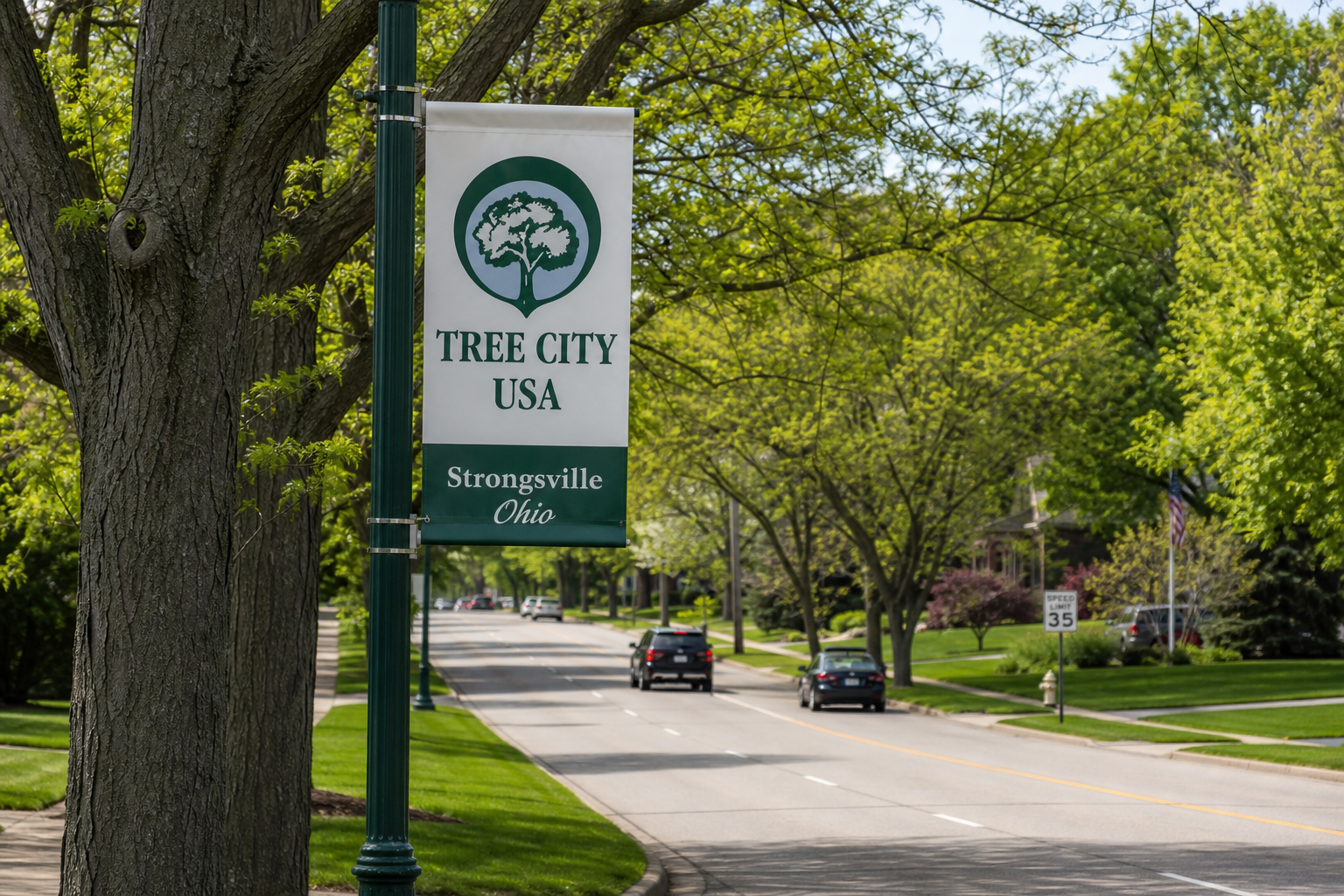 Tree City USA flag and street trees along a Strongsville neighborhood corridor