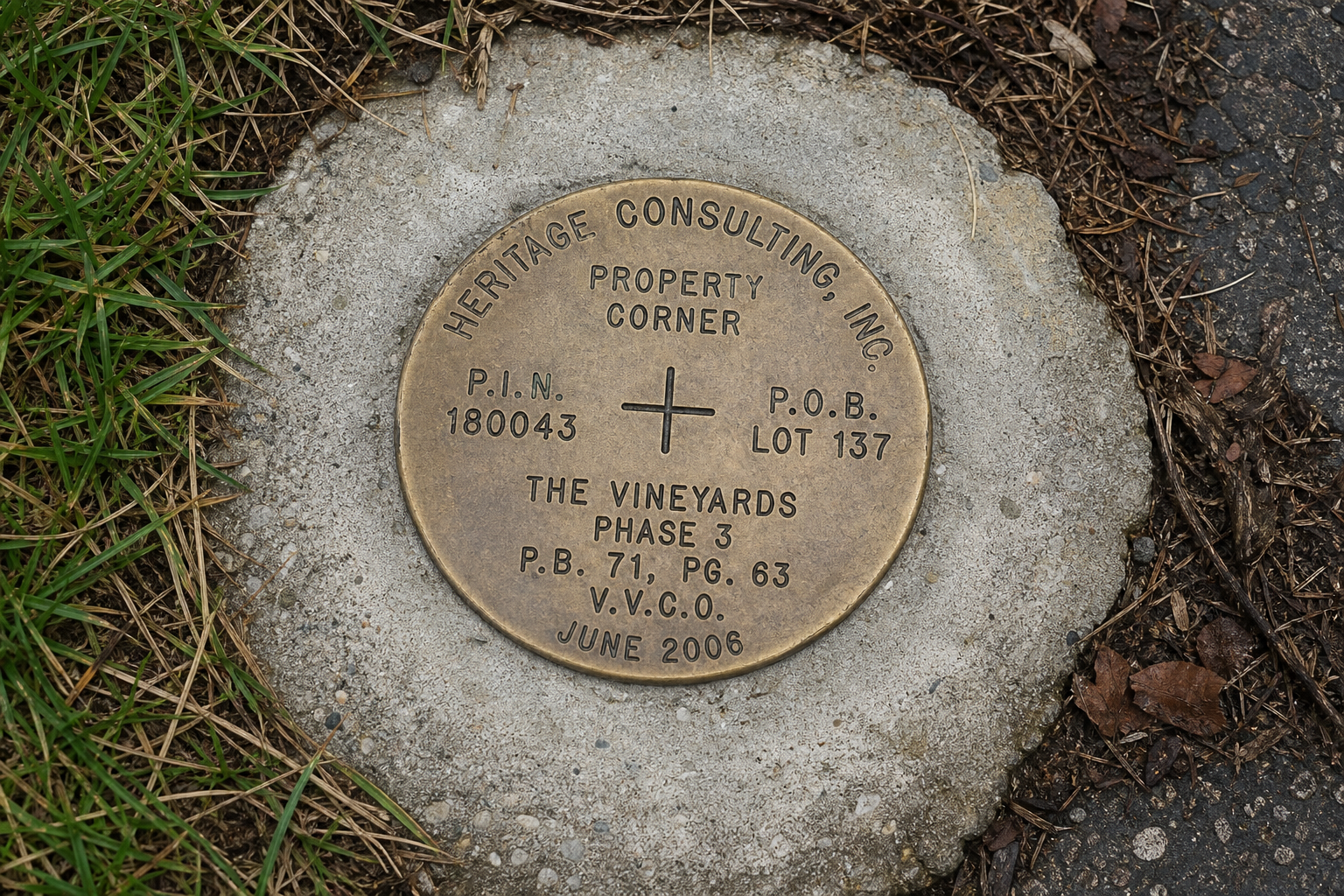 Heritage survey monument cap stamped with plat reference numbers
