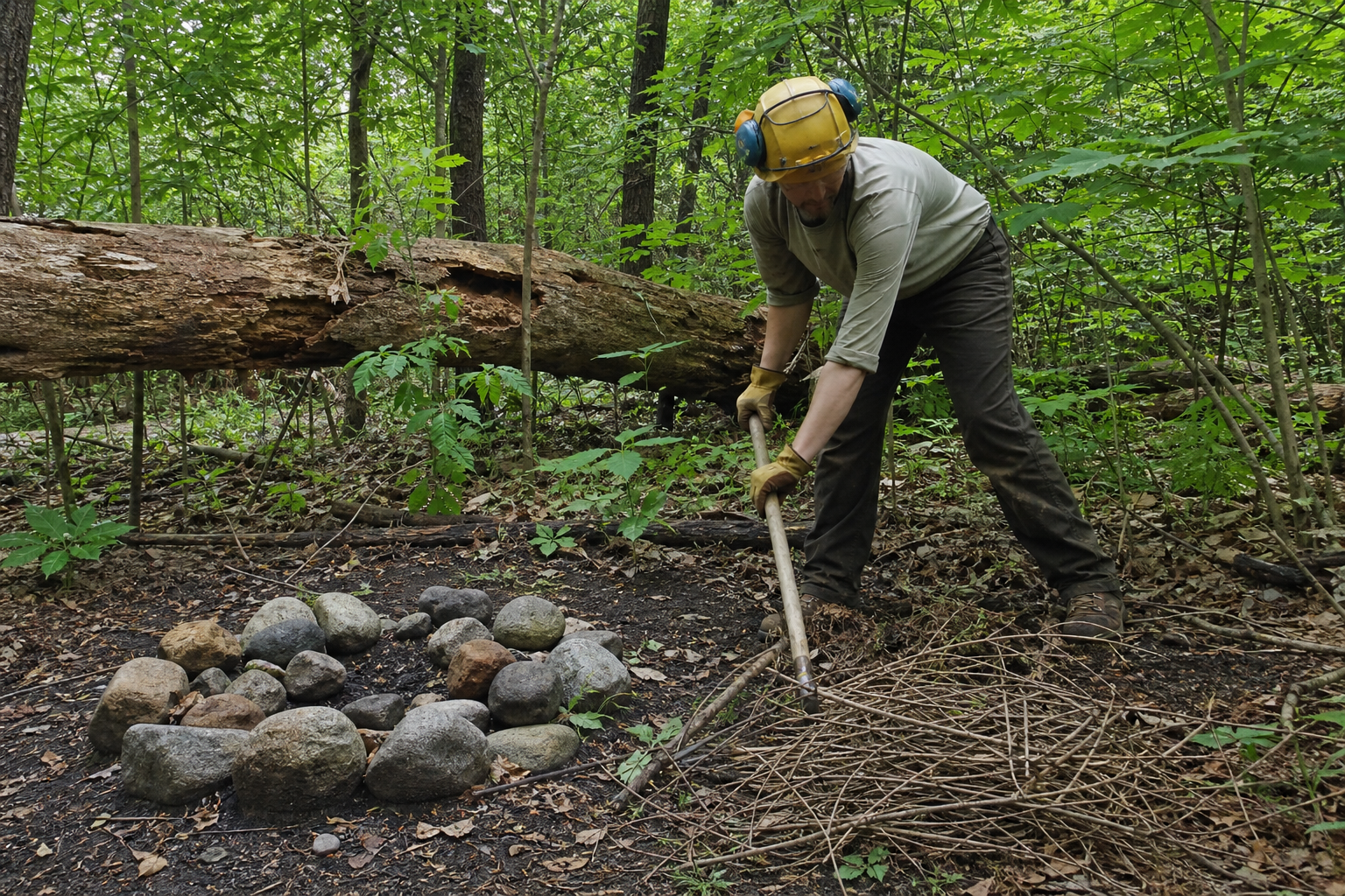 Steward clearing dry fine brush near stone campfire ring while leaving large decayed log and live trees at safe distance