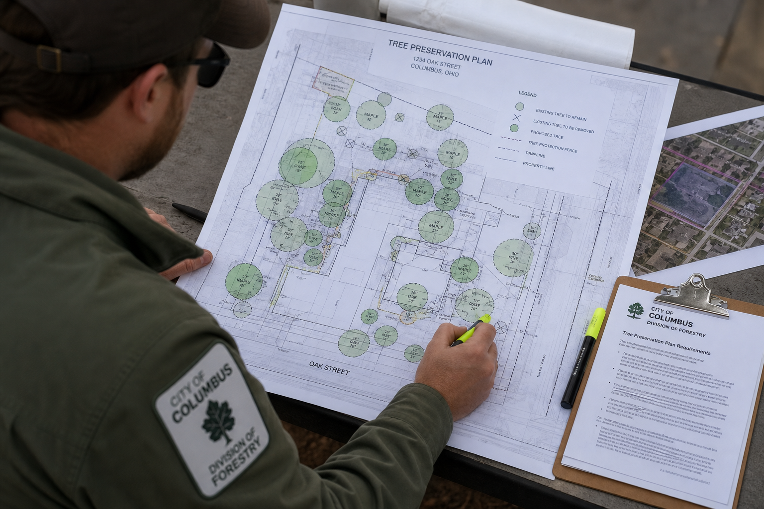 City forester reviewing a tree preservation plan map with canopy symbols