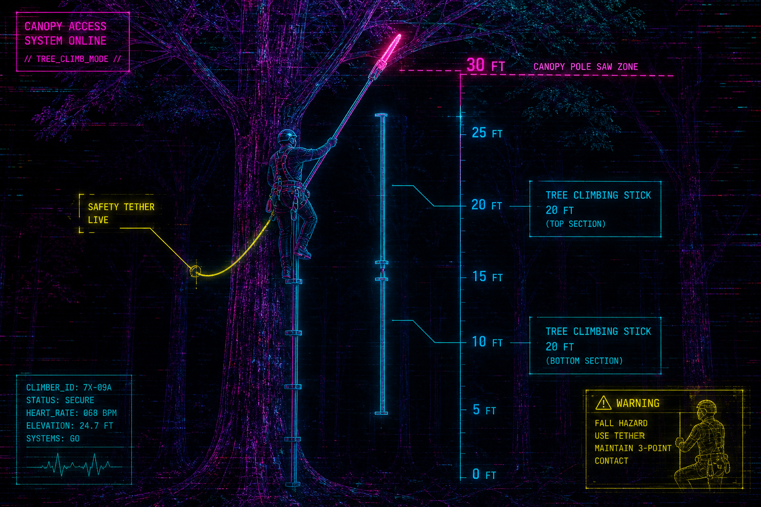 Cyberpunk wireframe diagram two 20 foot climbing stick sections reaching toward 30 foot pole saw zone on maple tree