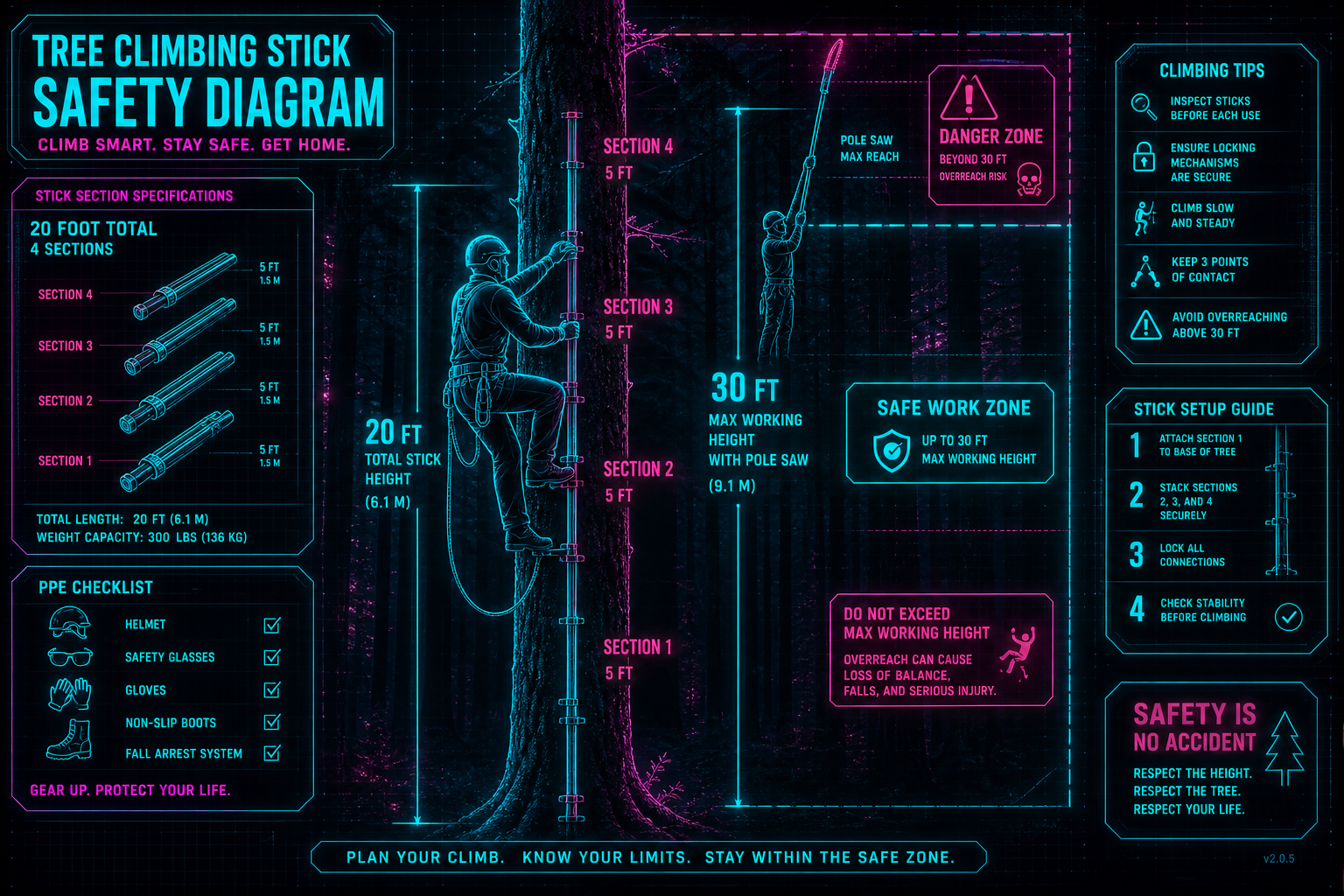 Cyberpunk digital HUD safety diagram for tree climbing sticks PPE tether zones neon overlay on forest canopy