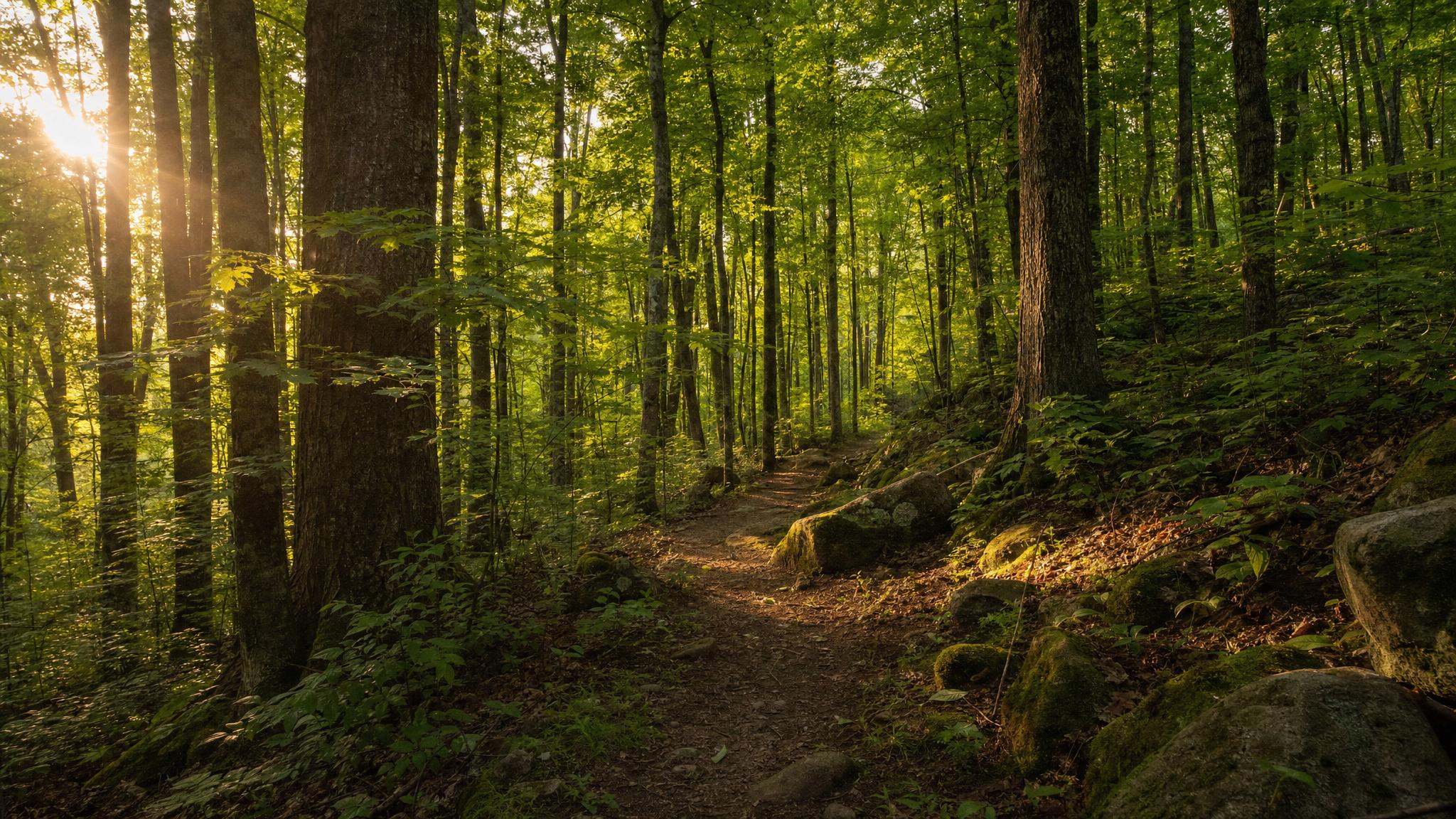 Peaceful woodland path through Sugar Maple trees at Wesley Woods restoration site