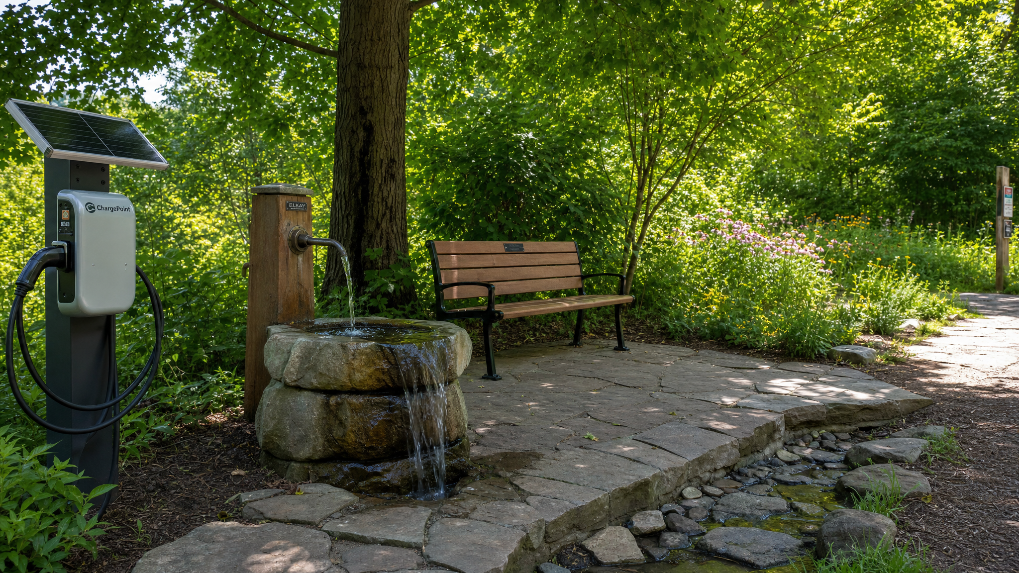 Solar bicycle ChargePoint, stone water fountain, and bench in the wooded trail rest area