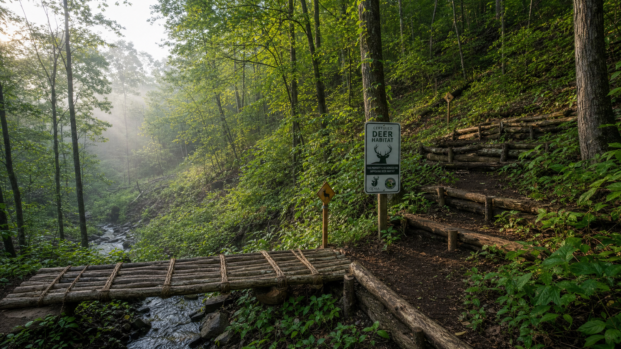 Valley creek log-and-timber bridge, certified deer habitat signage, and tiered log retaining walls on the wooded Ohio slope at dawn