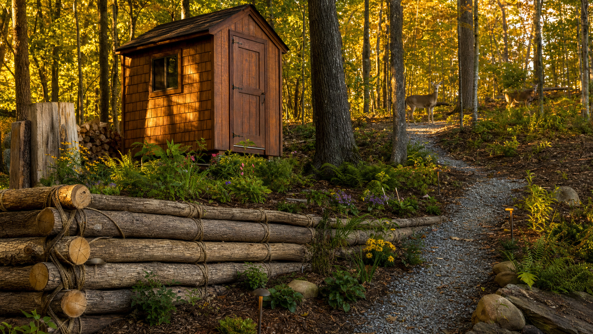 Log retaining wall, cedar shed, and deer on the trail at Wesley Woods — golden hour